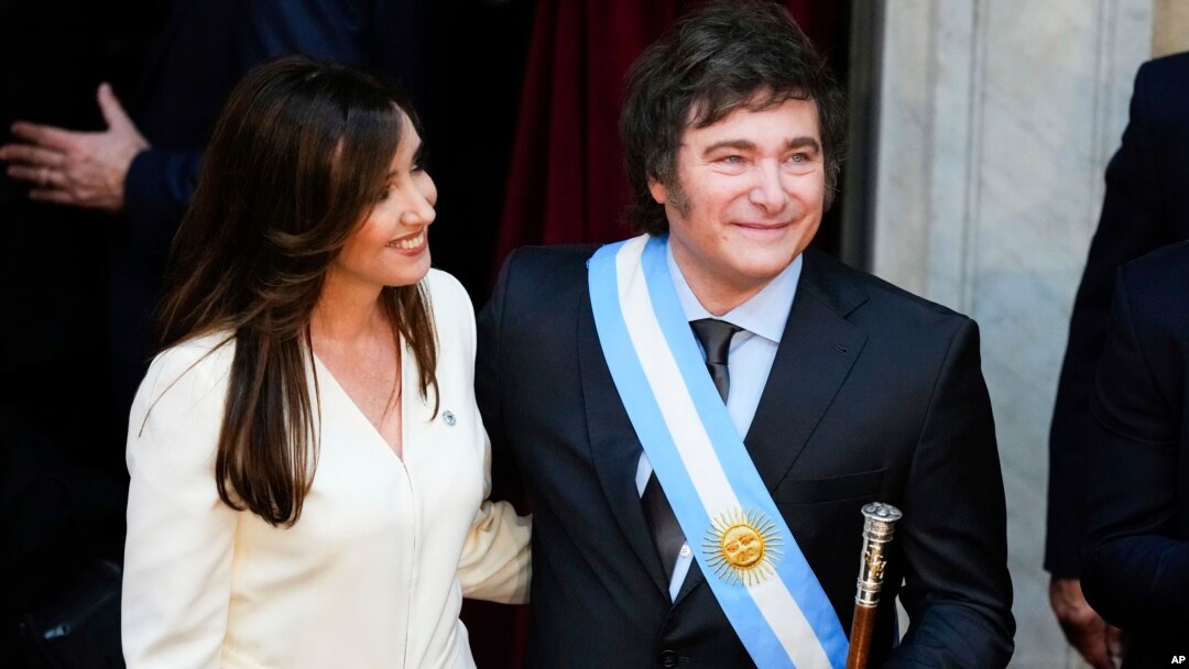 Argentina's incoming President Javier Milei stands next to Vice President Victoria Villarruel after their swearing-in ceremony at Congress in Buenos Aires, Dec. 10, 2023. 