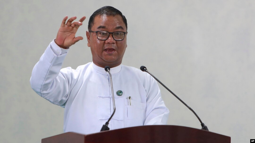 FILE - Major General Zaw Min Tun, spokesperson for the Myanmar junta, speaks during a media tour, in Naypyitaw, Myanmar, July 21, 2023.