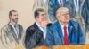 This artist sketch depicts former President Donald Trump, right, conferring with defense lawyer Todd Blanche, center, during his court appearance in Washington, Aug. 3, 2023. Special Prosecutor Jack Smith is at left. (Dana Verkouteren via AP)