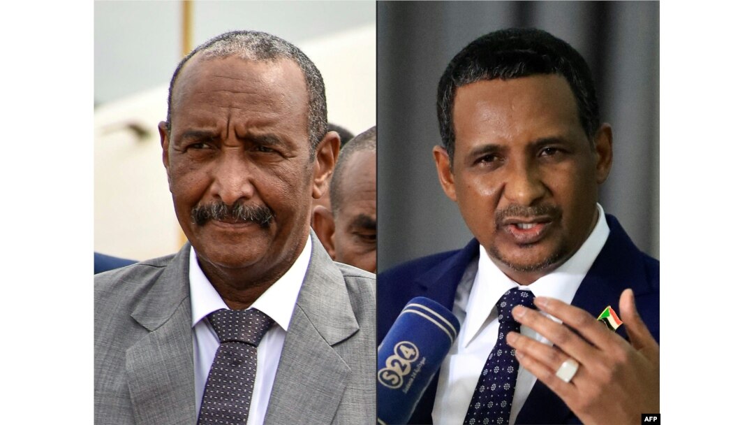 This combination of pictures created on April 18, 2023 shows General Abdel Fattah al-Burhan, the commander of Sudan's armed forces, left, in Juba on Oct. 14, 2019, and General Mohamed Hamdan Dagalo, who commands the paramilitary Rapid Support Forces, at Khartoum airport on March 2, 2022.