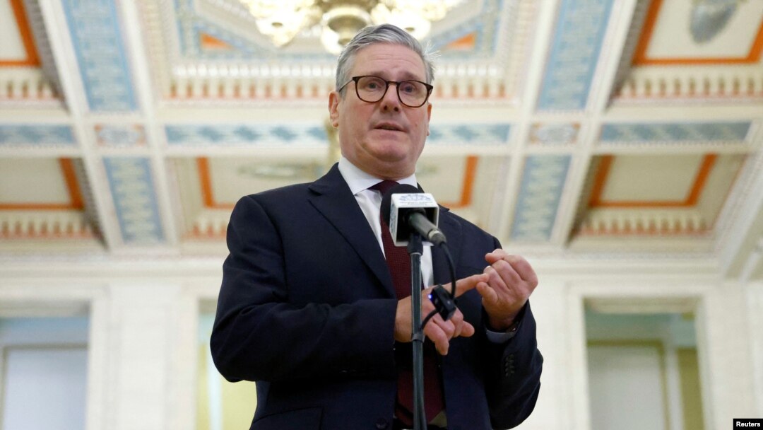 British Prime Minister Keir Starmer speaks to media at the Stormont Parliament Buildings, in Belfast, Northern Ireland, July 8, 2024. 