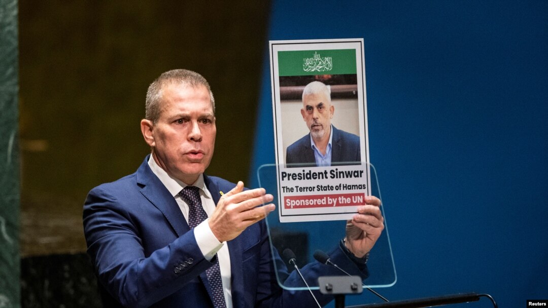 FILE - Israel's Ambassador to the United Nations Gilad Erdan holds a picture of Palestinian Islamist group Hamas' leader in Gaza Yahya Sinwar, as he addresses delegates during the United Nations General Assembly in New York City, May 10, 2024.