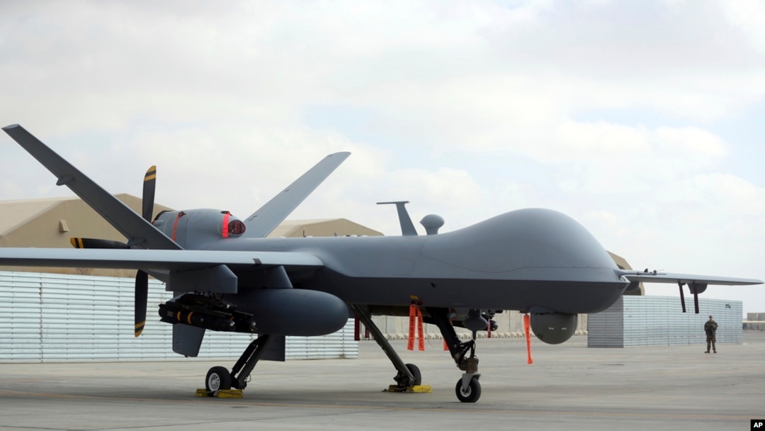 FILE - A U.S. MQ-9 drone is on display during an air show at Kandahar Airfield, Afghanistan, Jan. 23, 2018. 