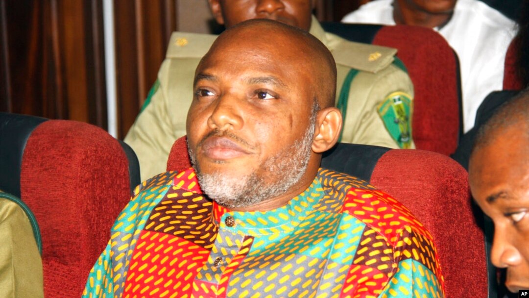 FILE - Biafran separatist leader Nnamdi Kanu listens to court proceedings at the Federal High court in Abuja, Nigeria on Jan. 29, 2016. 