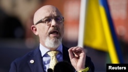 FILE: Ukrainian Defense Minister Oleksiy Reznikov holds a news conference about the support for Ukraine in Copenhagen, Denmark, Aug.10, 2022.