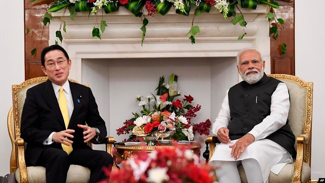 Photograph released by India's Ministry of External Affairs shows Indian Prime Minister Narendra Modi and his Japanese counterpart Fumio Kishida in New Delhi, March 19, 2022. India says ties with Japan are key to stability in the Indo-Pacific region.