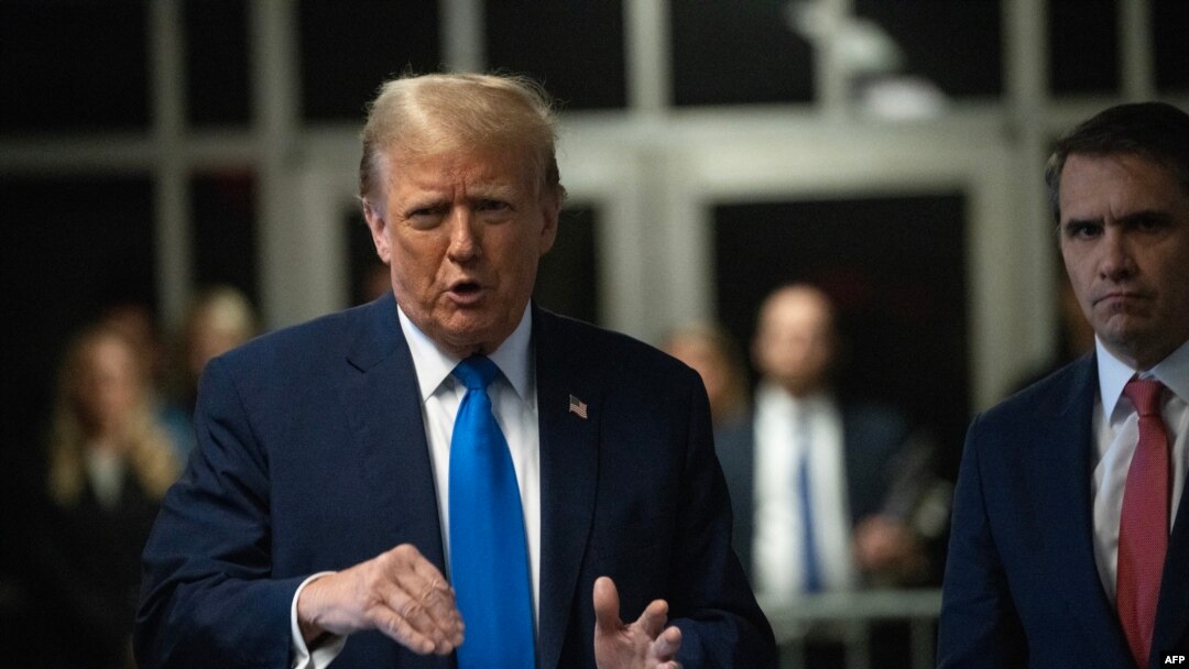 Former U.S. president and Republican presidential candidate Donald Trump speaks to the press during his trial for allegedly covering up hush money payments linked to extramarital affairs at Manhattan Criminal Court in New York on April 22, 2024.