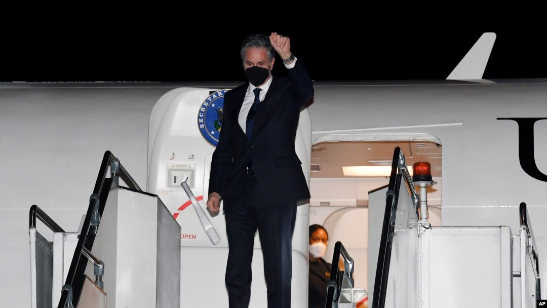 Secretary of State Antony Blinken arrives at Subang Airport, in Kuala Lumpur, Malaysia, Dec. 14, 2021. 