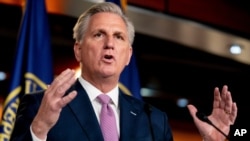 FILE - House Minority Leader Kevin McCarthy of Calif., speaks during his weekly press briefing on Capitol Hill in Washington. 