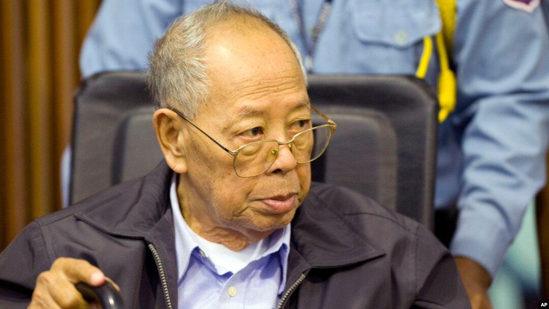 In this Nov. 23, 2011 file photo released by the Extraordinary Chambers in the Courts of Cambodia, former Khmer Rouge Foreign Minister Ieng Sary sits during the third day of a trial of the U.N.-backed war crimes tribunal in Phnom Penh, Cambodia.