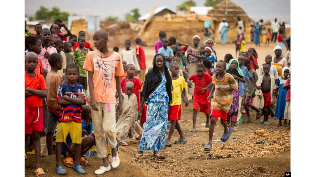 FILE - Refugees are seen gathered at Minawao Refugee Camp in northern Cameroon, April 18, 2016. The U.N. refugee agency has called on Cameroon to stop forcibly repatriating Nigerians refugees on its territory.
