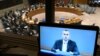 Nickolay Mladenov (on screen), United Nations Special Coordinator for the Middle East Peace Process, briefs the U.N. Security Council from Jerusalem on the situation in the Middle East as the Council meets on Israel and Palestinian territories at U.N. headquarters in New York, May 23, 2018. 