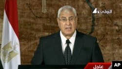 Egyptian state TV show's interim President Adly Mansour making first address to nation since ouster of Islamist President Mohammed Morsi, Cairo, July 18, 2013.