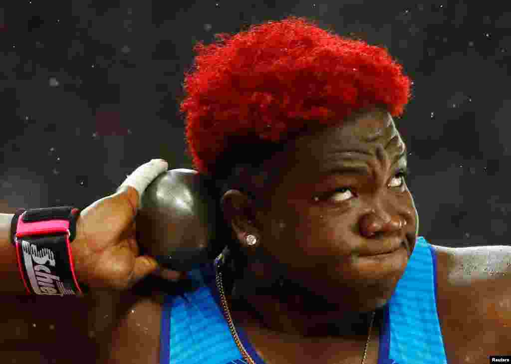 Raven Saunders of the U.S. competes in the women's shot put final during the World Athletics Championhsips at the Lodon Stadium, Aug. 9, 2017.
