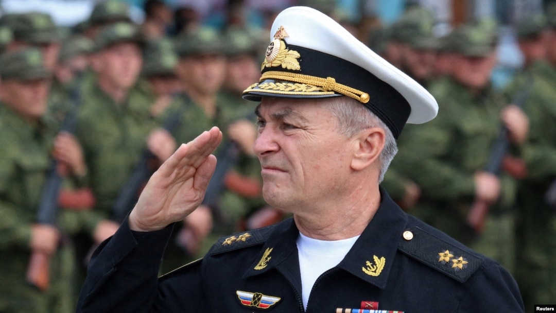 FILE - Commander of the Russian Black Sea Fleet Vice-Admiral Viktor Sokolov salutes during a send-off ceremony for reservists drafted during partial mobilization, in Sevastopol, Crimea, Sept. 27, 2022. 