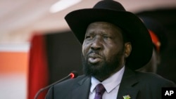 FILE - South Sudan's President Salva Kiir speaks at a special party conference in Juba, South Sudan Thursday, May 3, 2018. 