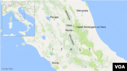 Map of Macerata, Perugia, Castelsantangelo Sul Nera, Visso and Norcia, Italy