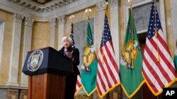 Міністр фінансів США Дженет Єллен під час прес-конференції в Міністерстві фінансів США, 11 квітня 2023 