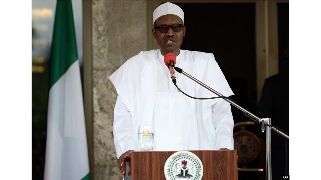 FILE - This photo taken on May 14, 2016 shows Nigerian President Muhammadu Buhari speaking during a press conference at the Presidential Palace in Abuja.
