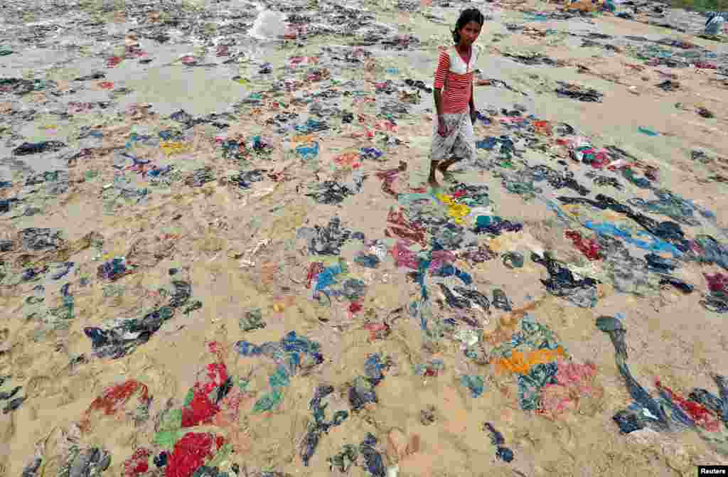 Discarded clothes are seen in a Rohingya refugee camp in Cox's Bazar, Bangladesh.