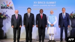 This handout photograph, taken and released by the Russian Foreign Ministry on August 22, 2023, shows (L-R) Brazil's President Luiz Inacio Lula da Silva, China's President Xi Jinping, South Africa's President Cyril Ramaphosa, India's Prime Minister Narend