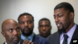 Alongside attorneys, Odell Edwards, right, father of Jordan Edwards, 15, speaks to reporters at the Frank Crowley Courts Building in Dallas, on Aug. 28, 2018, after a Dallas County jury found Roy Oliver, a former Balch Springs police officer, guilty of murder in Jordan's death in April 2017.