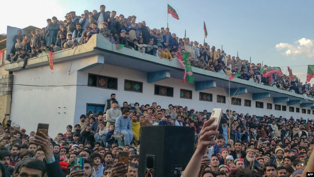 Pakistan Tehreek-e-Insaaf (PTI) party's chairman and barrister Gohar Ali Khan's supporters attend an election campaign rally in Buner, Pakistan, on Feb. 5, 2024, ahead of the national elections.