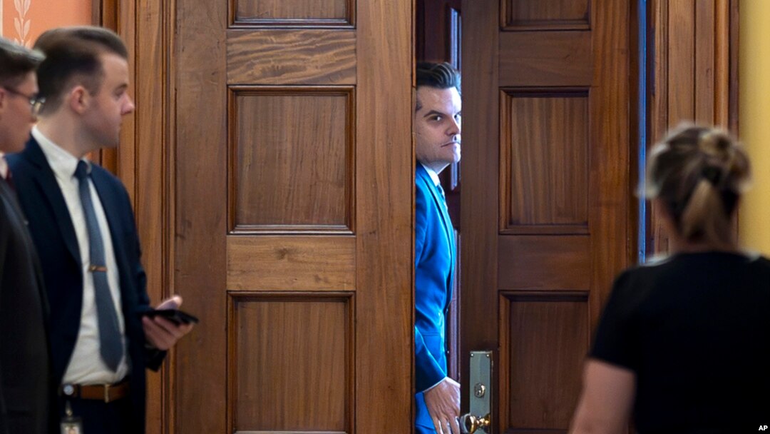 President-elect Donald Trump's nominee to be attorney general, Matt Gaetz, closes a door to a private meeting at the Capitol in Washington, Nov. 20, 2024.
