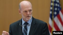 Ken Isaacs, U.S. candidate for Director general of the United Nations' International Organization for Migration (IOM) is pictured in this photo released by U.S. Mission Geneva, in Geneva, Switzerland, June 28 2018. 