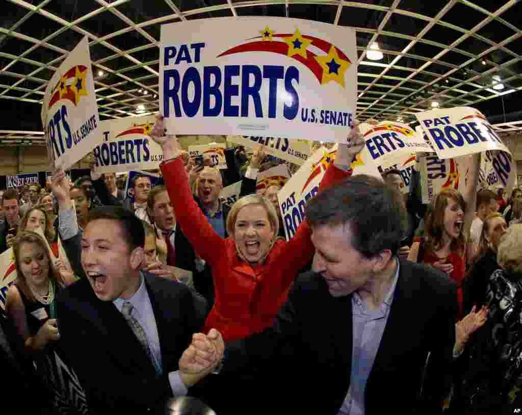 In Kansas, U.S. Senator Pat Roberts wins a fourth term and gives a victory speech at a Republican watch party in Topeka, Nov. 4, 2014.