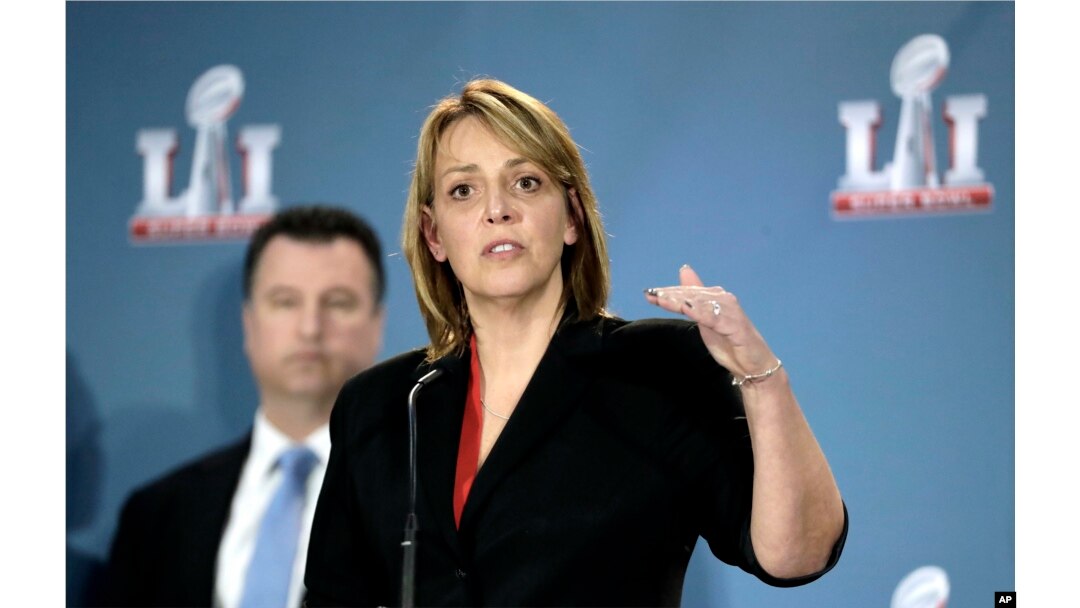 NFL Chief Security Officer Cathy Lanier discusses security preparations for Super Bowl 51, Jan. 31, 2017, in Houston.