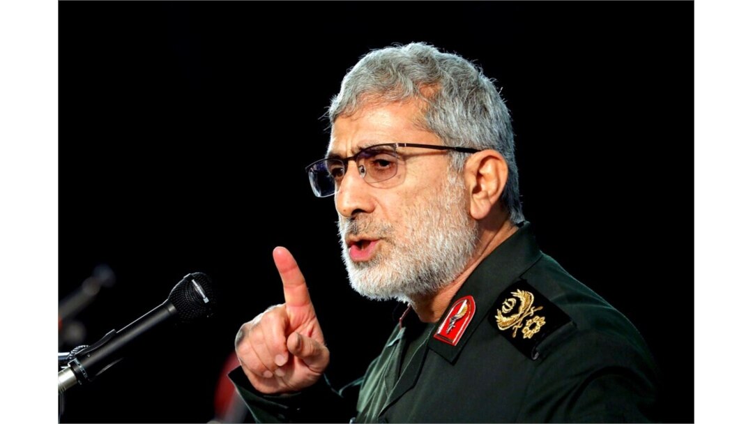 Gen. Esmail Ghaani, head of Iran's Quds Force, speaks during a ceremony marking the approaching anniversary of death of his predecessor, Qassem Soleimani, in Tehran, Iran, Jan. 1, 2021.
