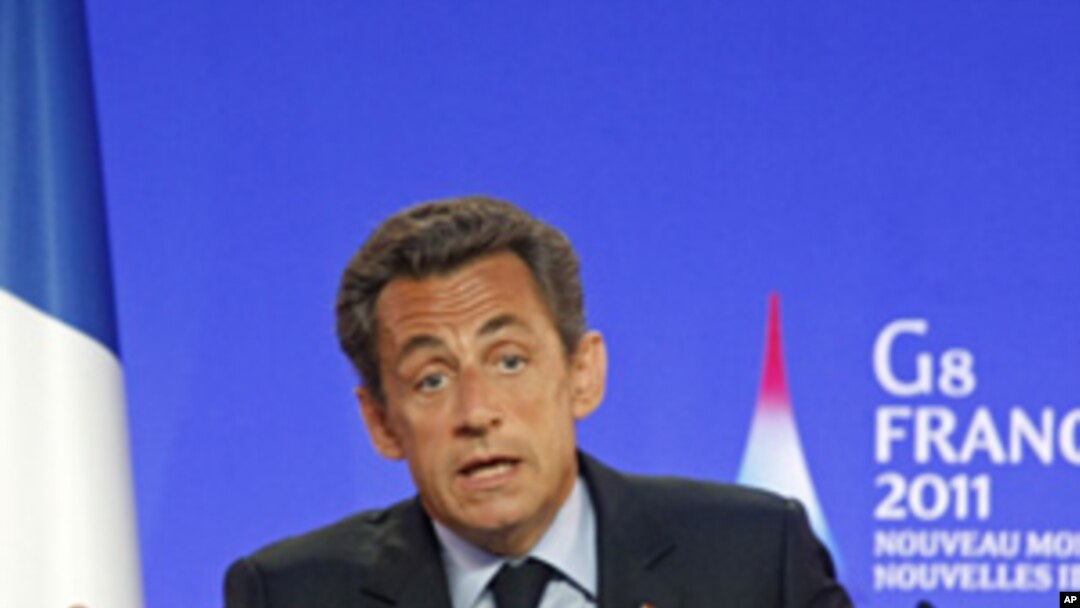 French President Nicolas Sarkozy during a press conference at the G8 summit in Deauville, France, May 26, 2011