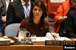 U.S. Ambassador to the United Nations Nikki Haley delivers remarks at a security council meeting at U.N. headquarters during the United Nations General Assembly in New York City, Sept. 21, 2017.