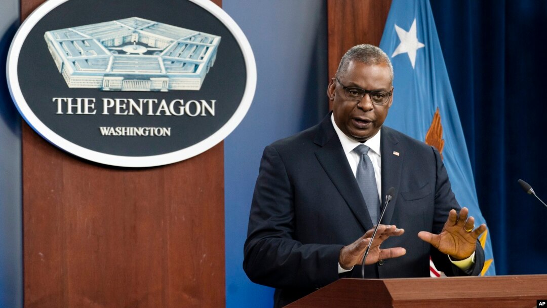 FILE - U.S. Secretary of Defense Lloyd Austin speaks during a media briefing at the Pentagon, Nov. 17, 2021, in Arlington, Virginia.
