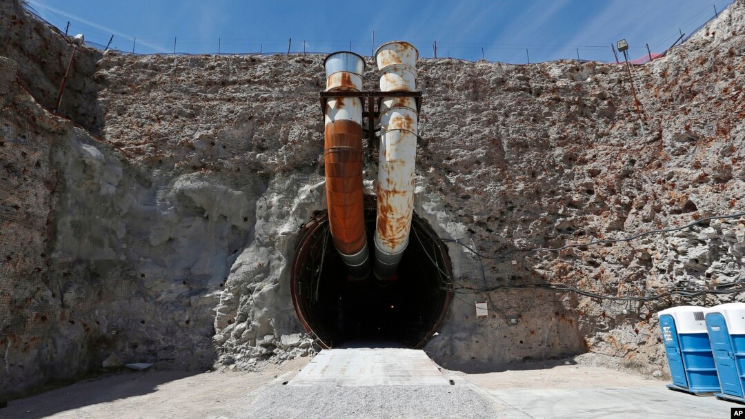 FILE - This photo shows the south portal of the proposed Yucca Mountain nuclear waste dump near Mercury, Nevada, April 9, 2015. 
