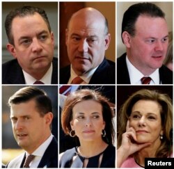 FILE - A combination photo shows former staff of President Donald Trump's White House who have left for other jobs, top row, left to right: Chief of Staff Reince Preibus, top economic adviser Gary Cohn, Deputy Chief of Staff Rick Dearborn; bottom row, left to right: Staff Secretary Rob Porter, deputy national security advisers Dina Powell and K.T. McFarland.