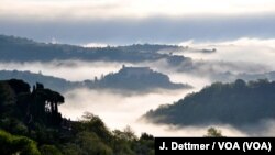 Mist shrouds the view from Celleno into a valley in Lazio, one of the central regions devastated by last week's quake.