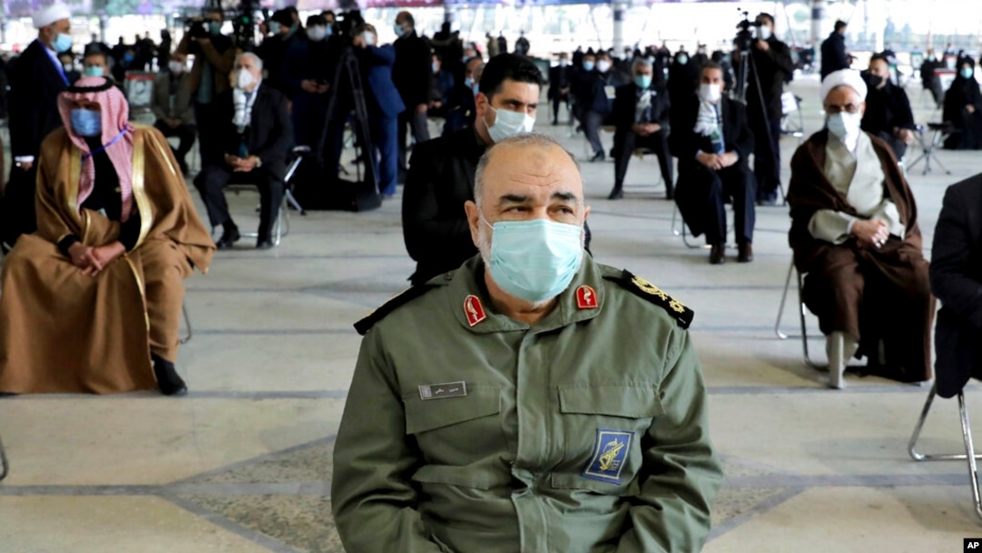 Islamic Revolutionary Guard Corps Gen. Hossein Salami attends a ceremony marking the approaching anniversary of the death of Quds Force leader Qassem Soleimani, in Tehran, Iran, Jan. 1, 2021.