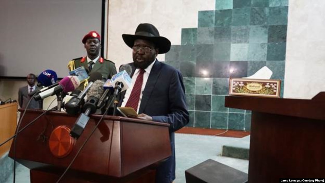 South Sudanese President Salva Kiir delivers a speech to lawmakers on Wednesday, July 8, 2015, as he begins a new, 3-year term in office. Parliament voted in March 2015 to extend the terms of all elected officials in South Sudan to avoid a power vacuum as
