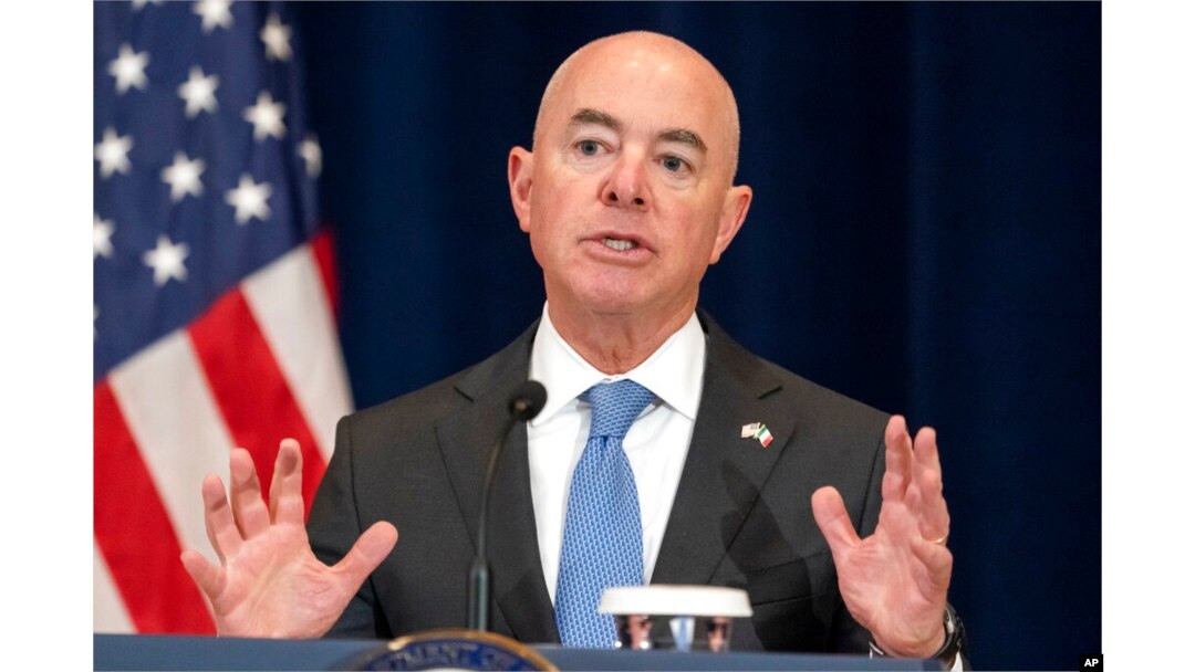 FILE - Homeland Security Secretary Alejandro Mayorkas speaks during a news conference at the State Department, Oct. 13, 2022.