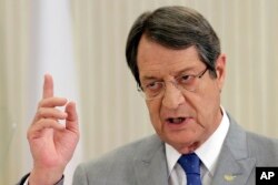 Cyprus' President Nicos Anastasiades talks during a nationally televised news conference at the presidential palace in divided capital Nicosia, Cyprus, July 10, 2017.