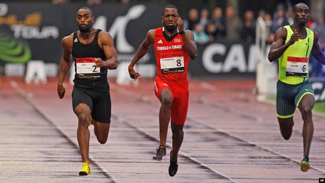 Tyson Gay, left, is on his way to win the men's 100-meter men's ahead of Richard Thompson, center, from Trinidad and Tobago, and Norway's Jaysuma Saidy-Ndure during the Athletics Montreuil meeting at the Jean Delbert stadium, in Montreuil, east of Paris, 