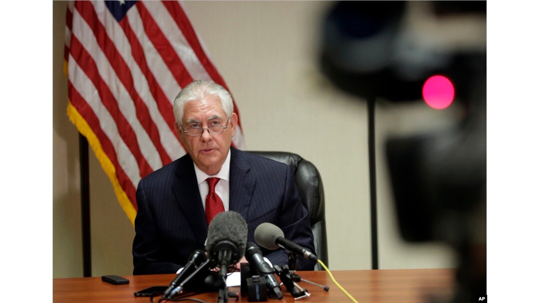 Secretary of State Rex Tillerson speaks during a news conference at the Palm Beach International Airport in West Palm Beach, Florida, April 6, 2017,