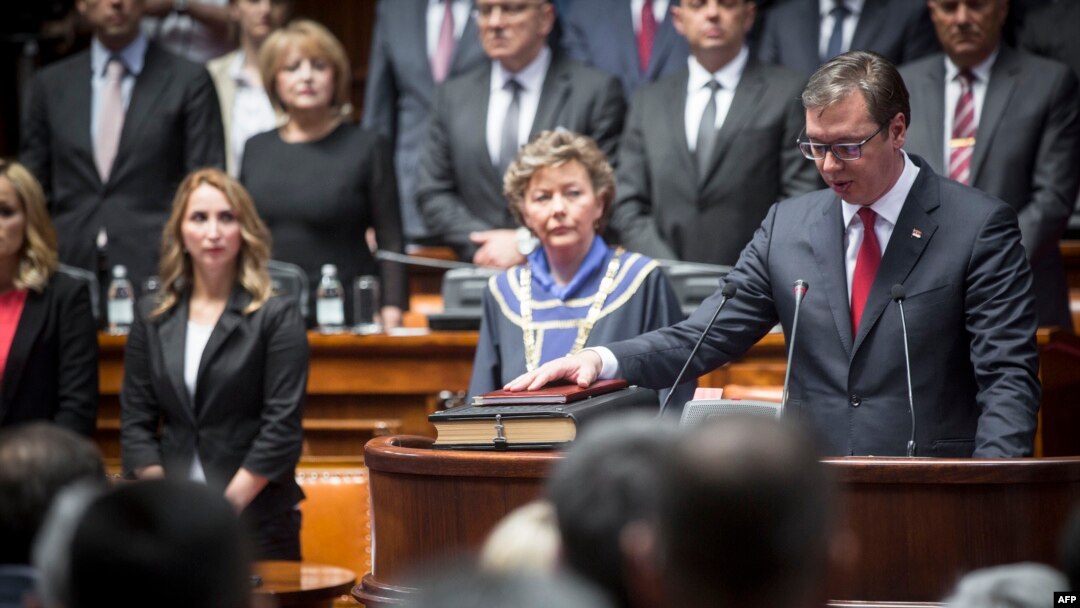 Serbia's President-elect Aleksandar Vucic takes oath during the inauguration ceremony of office in Belgrade, May 31, 2017.