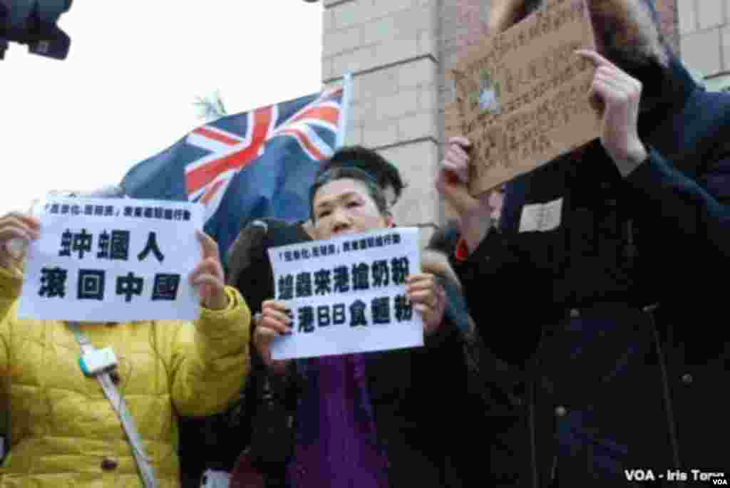 Other anti-mainlander protesters hold signs saying 'China locusts, go home' (left), and 'Locusts grab up baby formula, (as) Hong Kong babies (are forced to) feed on flour' (center). (Iris Tong, VOA)