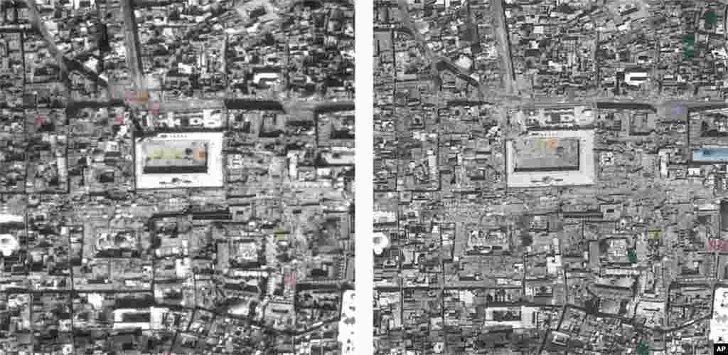 Halabdagi Buyuk masjidga yuqoridan nazar - joriy yilning 1-marti va 26-mayidagi tasvir.
