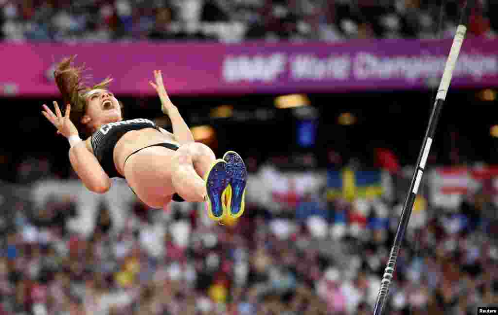 Anicka Newell of Canada competes in the women's pole vault final at the World Athletics Championships at the London Stadium in London, Aug. 6, 2017. 