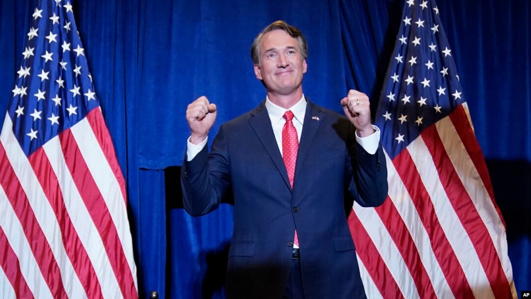 Virginia Gov.-elect Glenn Youngkin arrives to speak at an election night party in Chantilly, Va., Nov. 3, 2021, after he defeated Democrat Terry McAuliffe. 