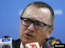FILE - Then-U.N. Undersecretary-General for Political Affairs Jeffrey Feltman speaks during a news conference in Colombo, March 3, 2015.